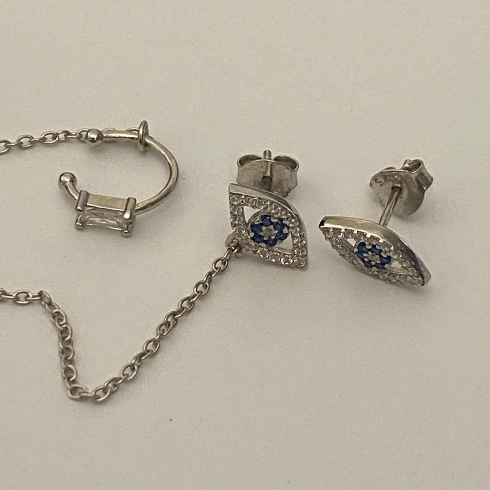 925 Silver evileye cz earrings with cuff chain